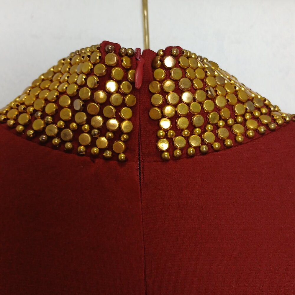 Elegant Burgundy Gold Studded High Neck Bodycon Midi Dress Sz M - Picture 9 of 14
